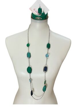 Premier Designs Blue Green Stone Necklace Set Bracelet Earrings NWT